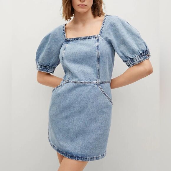 Mango Denim Dress Puff Sleeves New - Picture 6 of 8